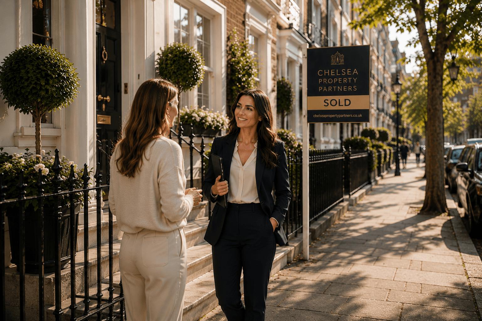 Independent estate agent meeting a client outside a recently sold London property