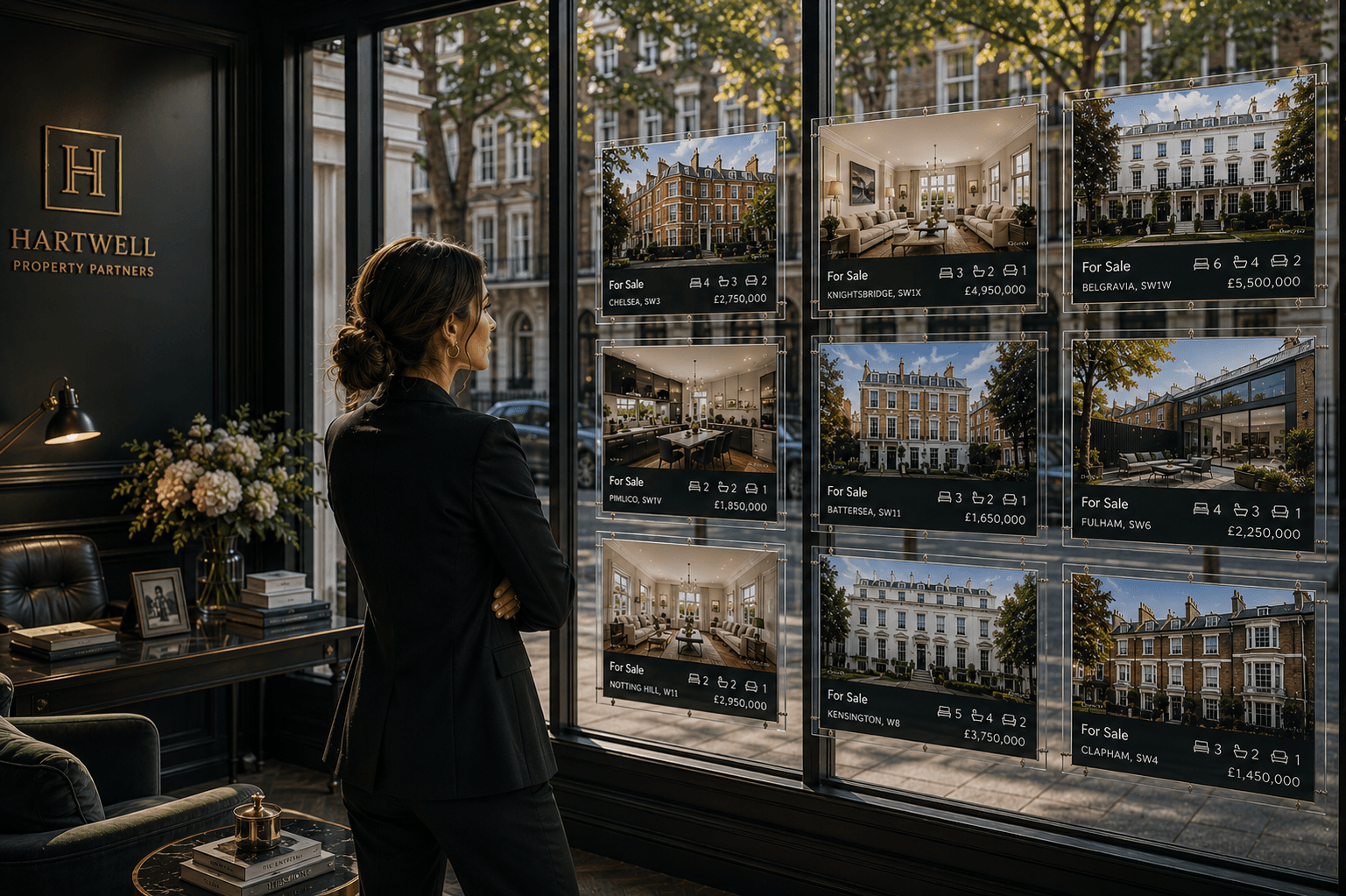 Estate agent reviewing a branch window display of local property listings